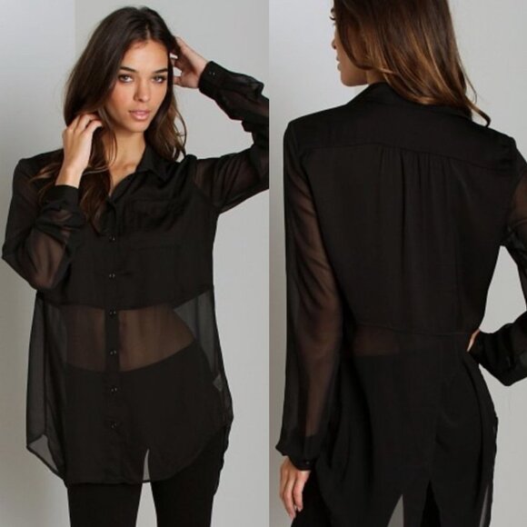 Free People Best of Both Worlds Black Sheer Long Sleeve Button-Down Blouse XS - Picture 9 of 9